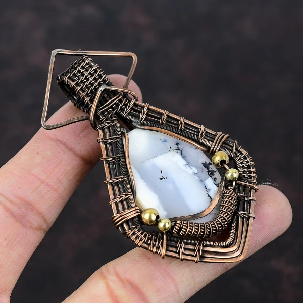 Dendrite Opal Oval White Handmade Copper Wire Wrapped Pendant