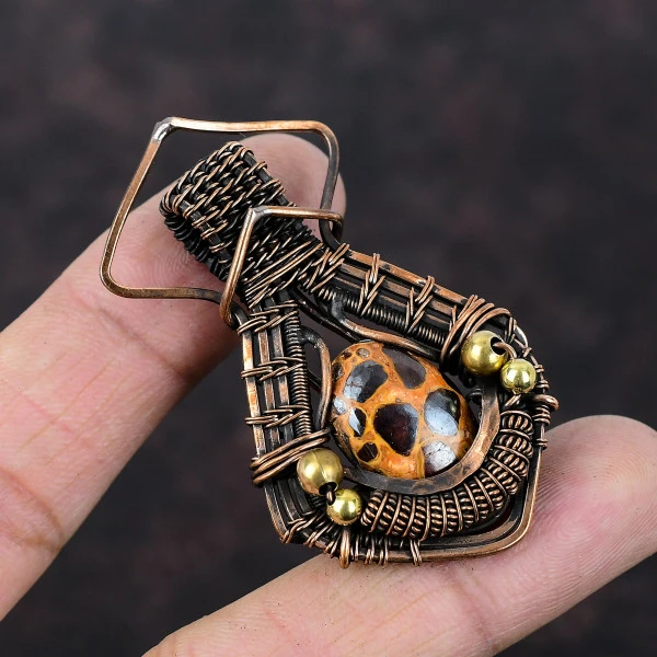 Bauxite Oval Red Handmade Copper Wire Wrapped Pendant