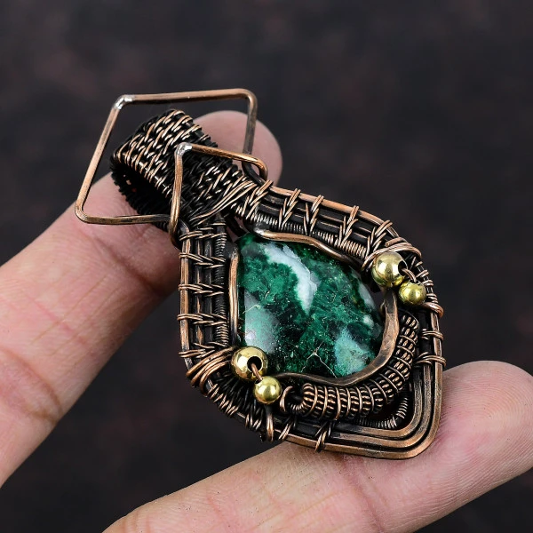 Cuprite Chrysocolla Oval Green Handmade Copper Wire Wrapped Pendant