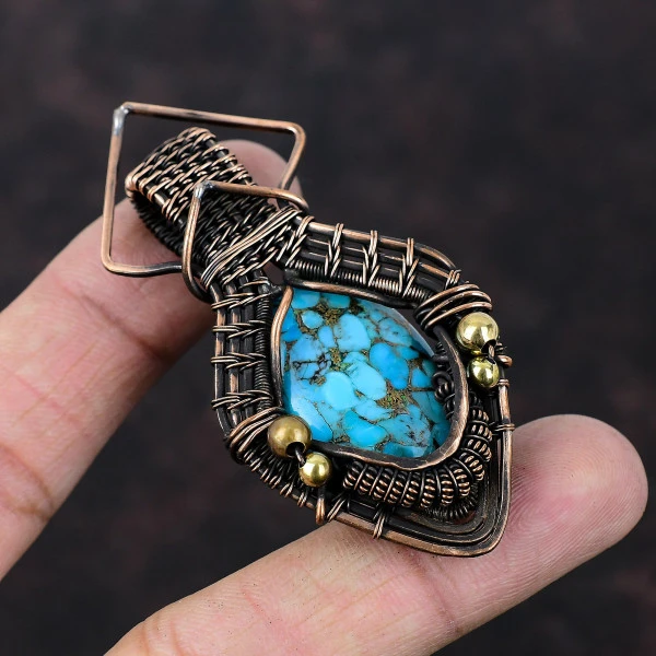 Copper Blue Turquoise Oval Blue Handmade Copper Wire Wrapped Pendant