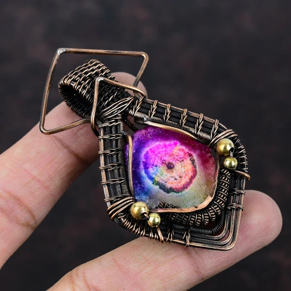 Rainbow Solar Quartz Druzy Round Pink Handmade Copper Wire Wrapped Pendant