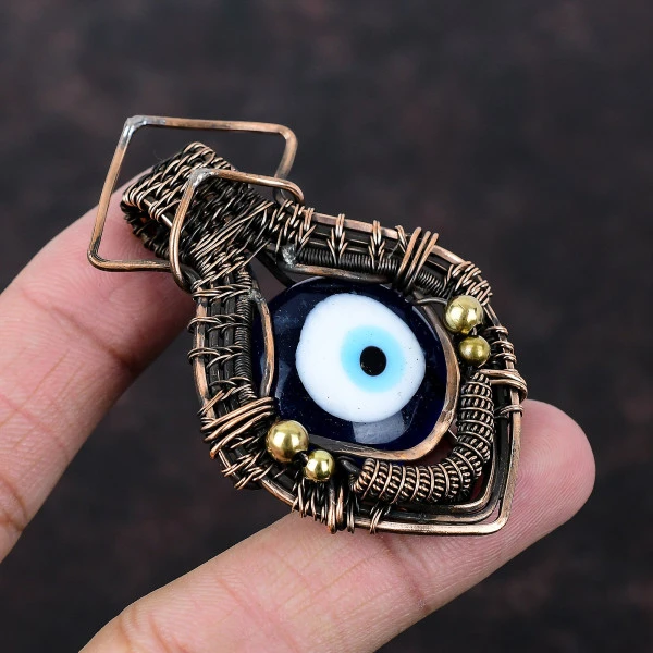 Blue Color Evil Eye Round Blue Handmade Copper Wire Wrapped Pendant