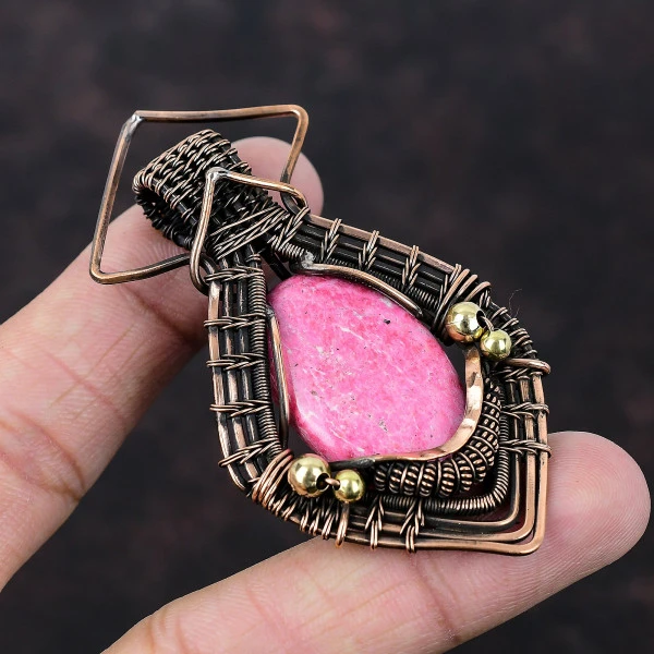 Thulite Oval Pink Handmade Copper Wire Wrapped Pendant