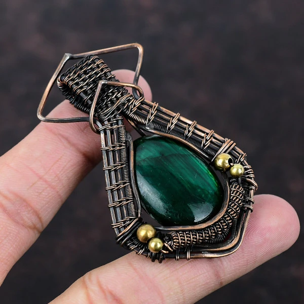 Green Fire Labradorite Oval Green Handmade Copper Wire Wrapped Pendant
