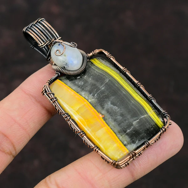 Bumble Bee Jasper Radiant Yellow Handmade Copper Wire Wrapped Pendant