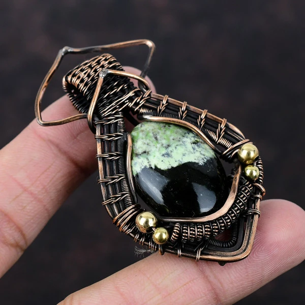 Australian Chrome Chalcedony Oval Green Handmade Copper Wire Wrapped Pendant