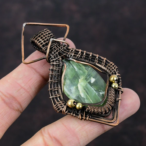 Prehnite Oval Green Handmade Copper Wire Wrapped Pendant