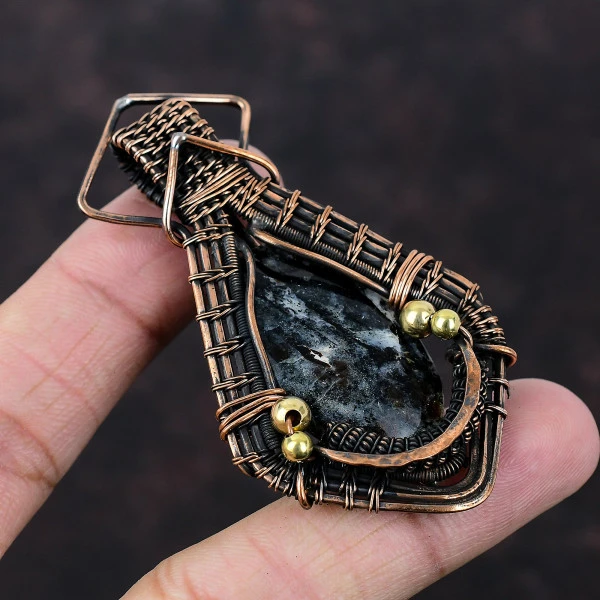Astrophyllite Oval Black Handmade Copper Wire Wrapped Pendant