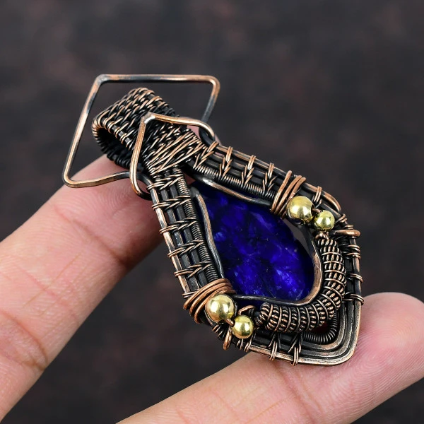 Blue Sapphire Oval Blue Handmade Copper Wire Wrapped Pendant