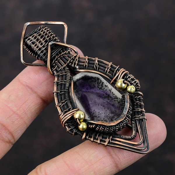Super 23 Amethyst Pentagon Purple Handmade Copper Wire Wrapped Pendant