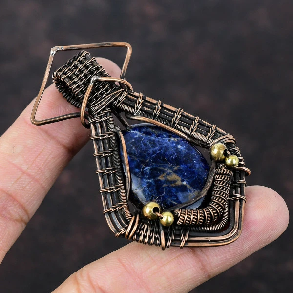 Sodalite  Oval Blue Handmade Copper Wire Wrapped Pendant