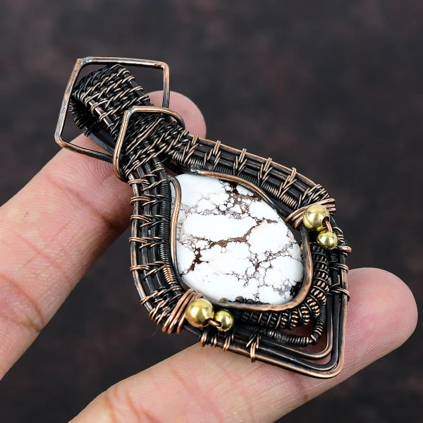 Wild Horse Magnesite Oval White Handmade Copper Wire Wrapped Pendant