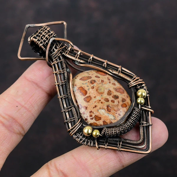 Asteroid Jasper Oval Red Handmade Copper Wire Wrapped Pendant