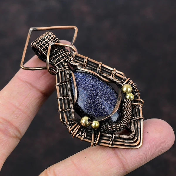 Blue Sunstone Oval Blue Handmade Copper Wire Wrapped Pendant