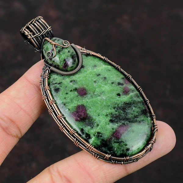 Ruby Zoisite Oval Green Handmade Copper Wire Wrapped Pendant