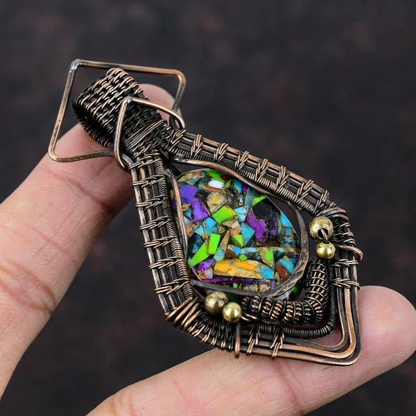 Fiesta Kingman Turquoise Oval Green Handmade Copper Wire Wrapped Pendant