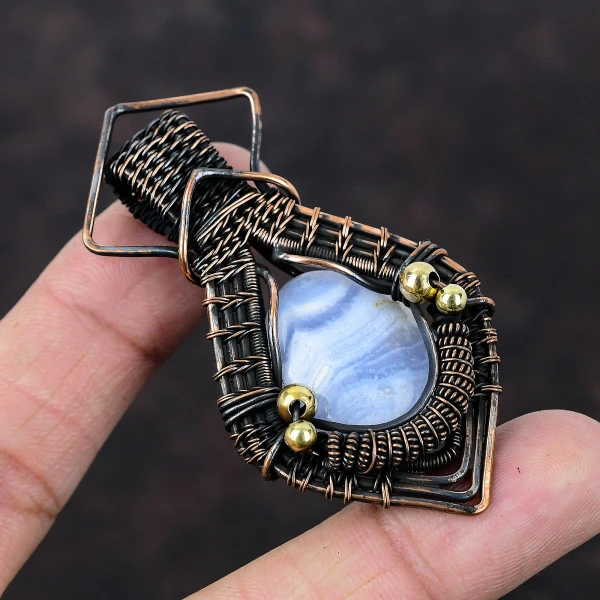 Blue Lace Agate Oval Blue Handmade Copper Wire Wrapped Pendant