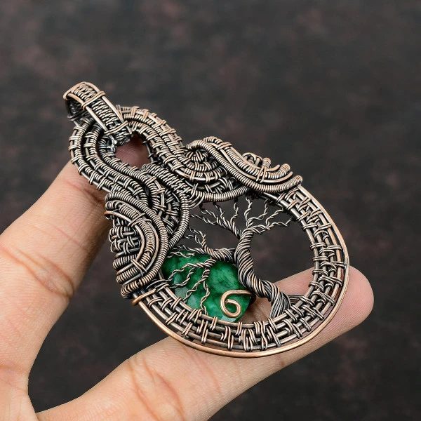 Zambian Emerald Pear Green Handmade Copper Wire Wrapped Pendant