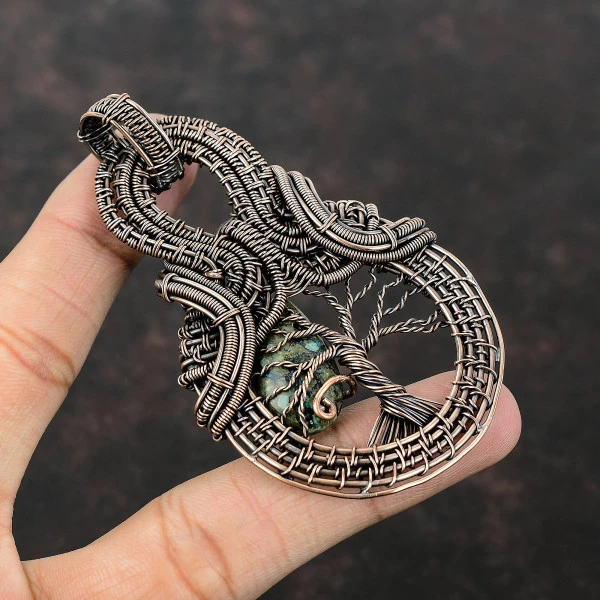 Azurite Malachite Pear Green Handmade Copper Wire Wrapped Pendant