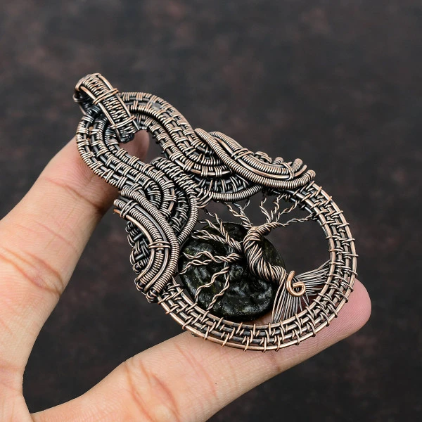 Moldavite Round Green Handmade Copper Wire Wrapped Pendant