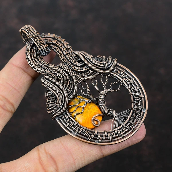 Bumble Bee Jasper Pear Yellow Handmade Copper Wire Wrapped Pendant