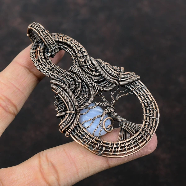 Blue Lace Agate Pear Blue Handmade Copper Wire Wrapped Pendant
