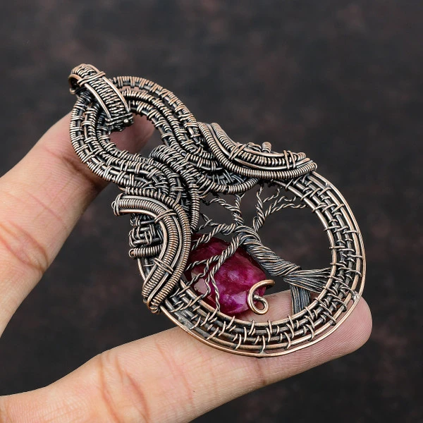 Kashmir Ruby Pear Red Handmade Copper Wire Wrapped Pendant