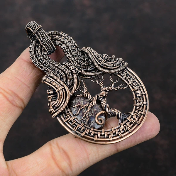 Dinosaur Bone Oval Red Handmade Copper Wire Wrapped Pendant