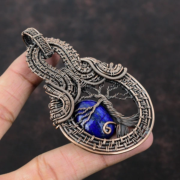 Lapis Lazuli Oval Blue Handmade Copper Wire Wrapped Pendant
