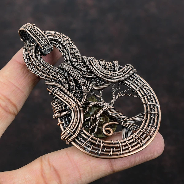 Ammonite Fossil Pear Brown Handmade Copper Wire Wrapped Pendant
