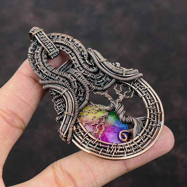Rainbow Solar Quartz Druzy Oval Pink Handmade Copper Wire Wrapped Pendant