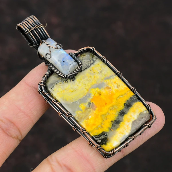 Bumble Bee Jasper Radiant Yellow Handmade Copper Wire Wrapped Pendant