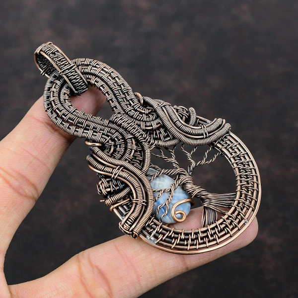 Blue Scheelite Pear Blue Handmade Copper Wire Wrapped Pendant