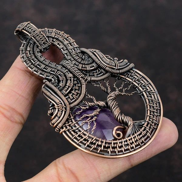 Star Amethyst Pear Purple Handmade Copper Wire Wrapped Pendant