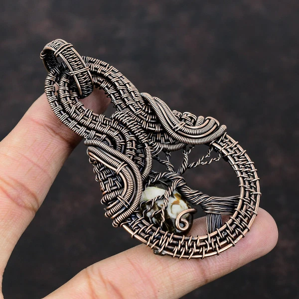 Peanut Wood Jasper Pear Brown Handmade Copper Wire Wrapped Pendant