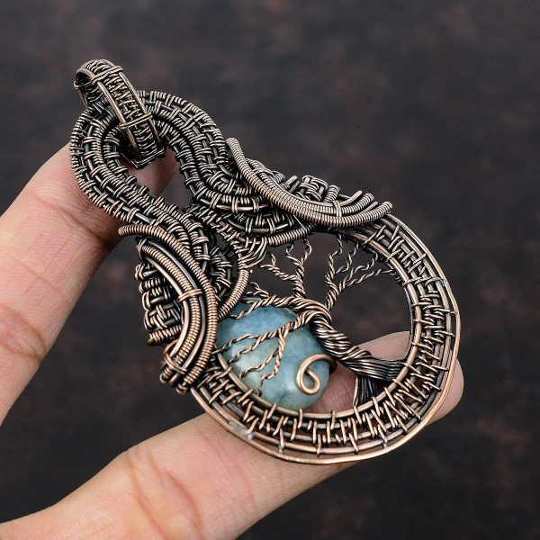 Aquamarine Oval Green Handmade Copper Wire Wrapped Pendant