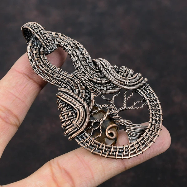 Chiastolite Oval Brown Handmade Copper Wire Wrapped Pendant