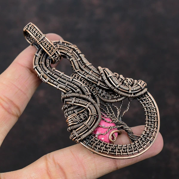 Thulite Pear Pink Handmade Copper Wire Wrapped Pendant