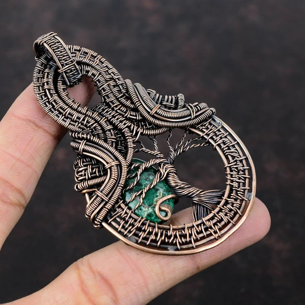 Cuprite Chrysocolla Oval Green Handmade Copper Wire Wrapped Pendant