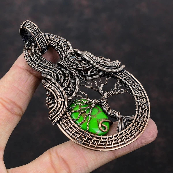 Copper Green Turquoise Oval Green Handmade Copper Wire Wrapped Pendant