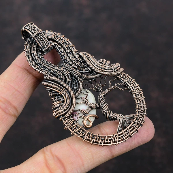 Cinnabar Oval White Handmade Copper Wire Wrapped Pendant