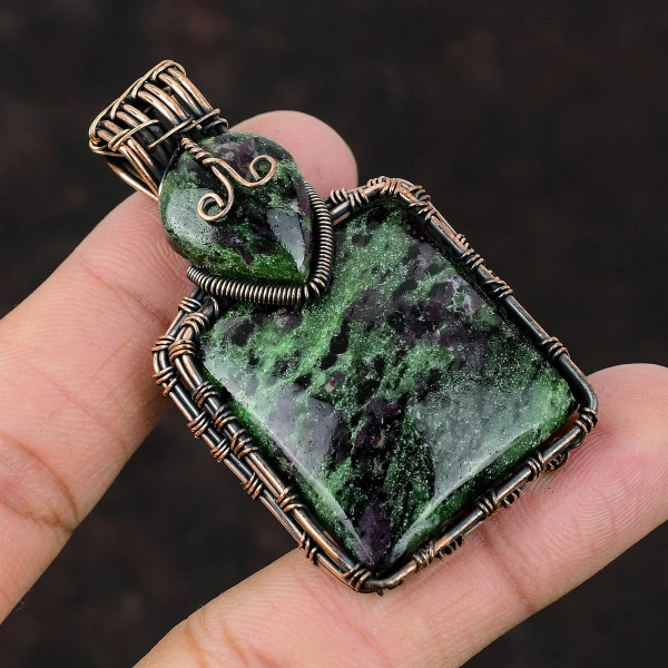 Ruby Zoisite Radiant Green Handmade Copper Wire Wrapped Pendant