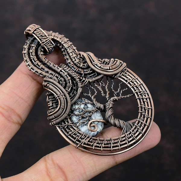 Pinolith Jasper Oval Black Handmade Copper Wire Wrapped Pendant