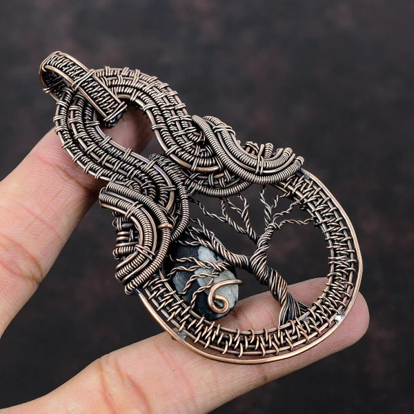 Chrysanthemum Oval Black Handmade Copper Wire Wrapped Pendant