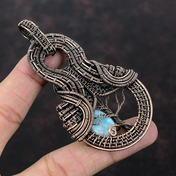 Larimar Oval Blue Handmade Copper Wire Wrapped Pendant