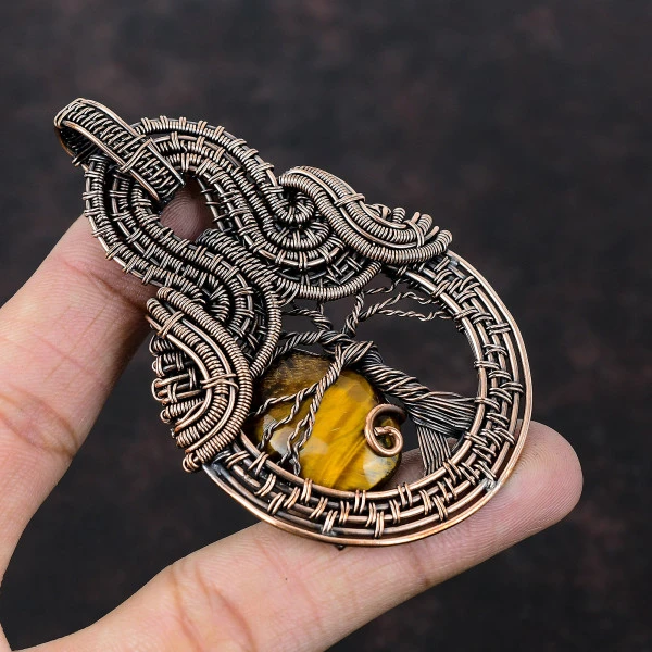 Tiger's Eye Oval Brown Handmade Copper Wire Wrapped Pendant