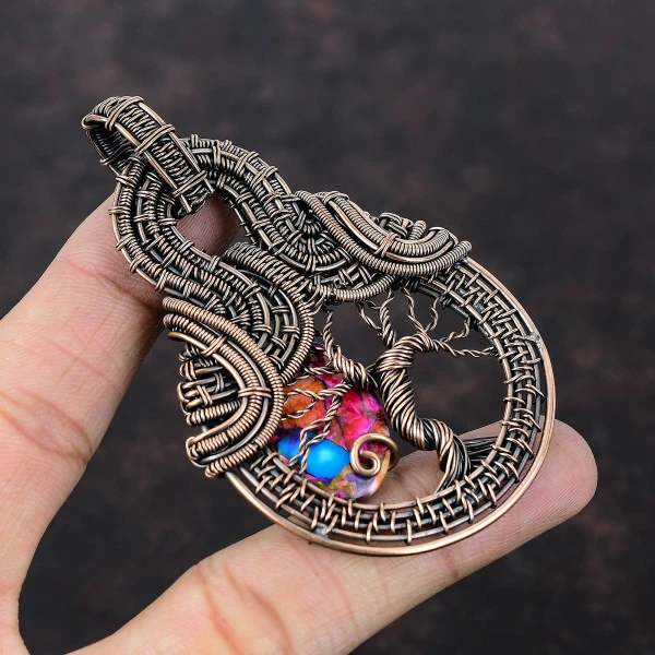 Natural Kingman Pink Dahlia Turquoise Oval Pink Handmade Copper Wire Wrapped Pendant