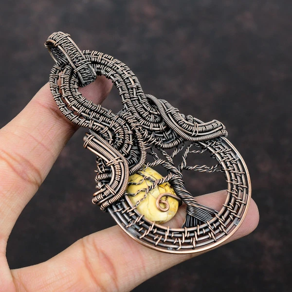 Brecciated Mookaite Pear Yellow Handmade Copper Wire Wrapped Pendant
