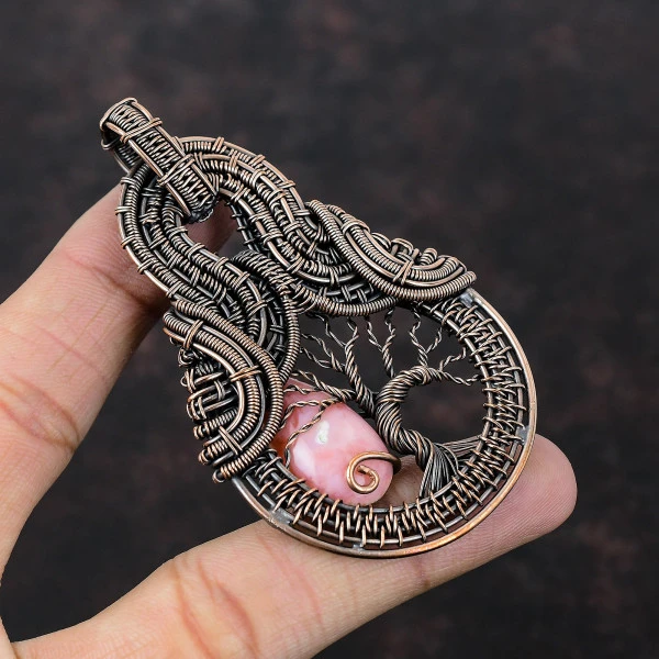 Pink Opal Oval Pink Handmade Copper Wire Wrapped Pendant