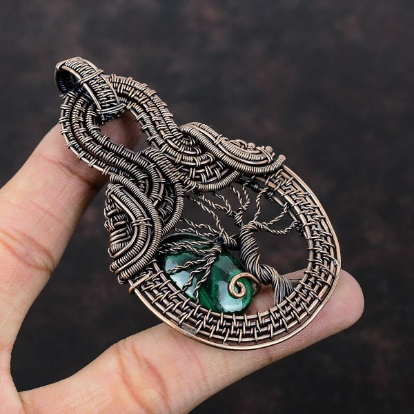 Malachite Oval Green Handmade Copper Wire Wrapped Pendant